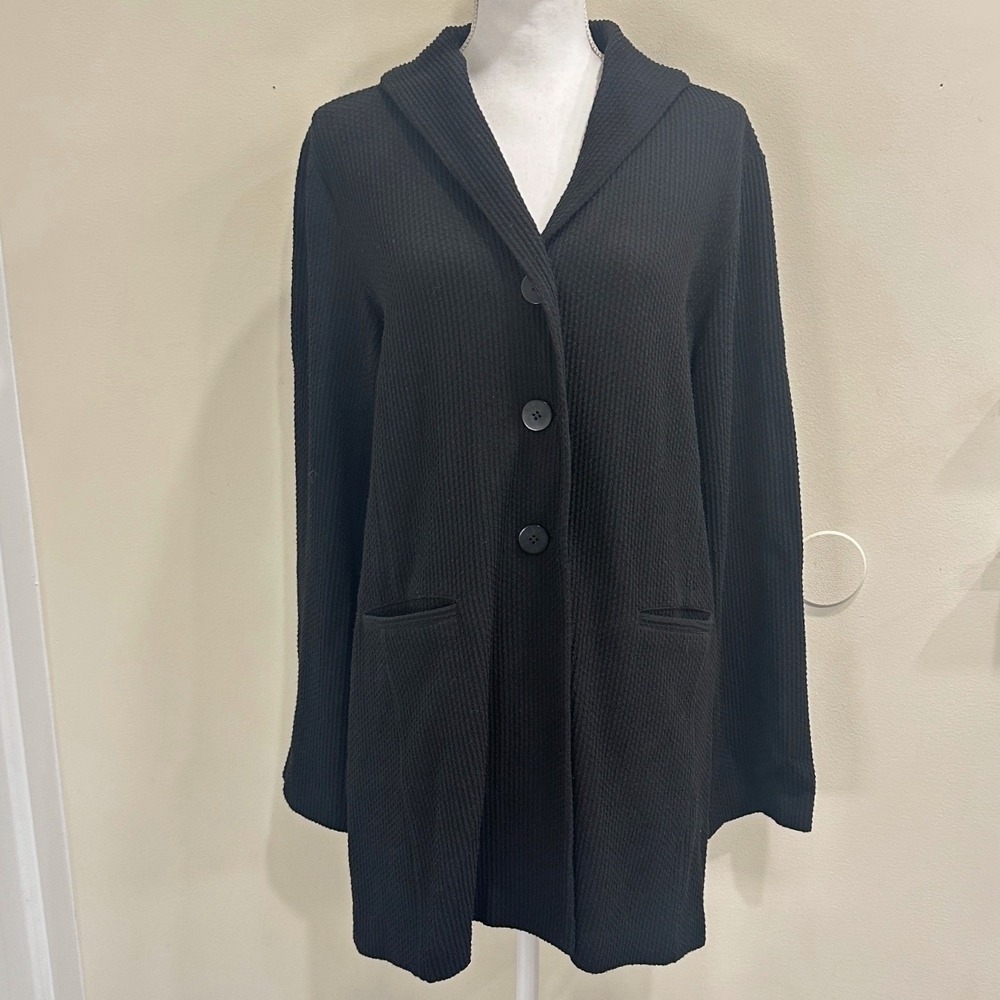 Eileen Fisher‎ Black Waffle Knit Shawl Collar Longline Cardigan Large Minimalism